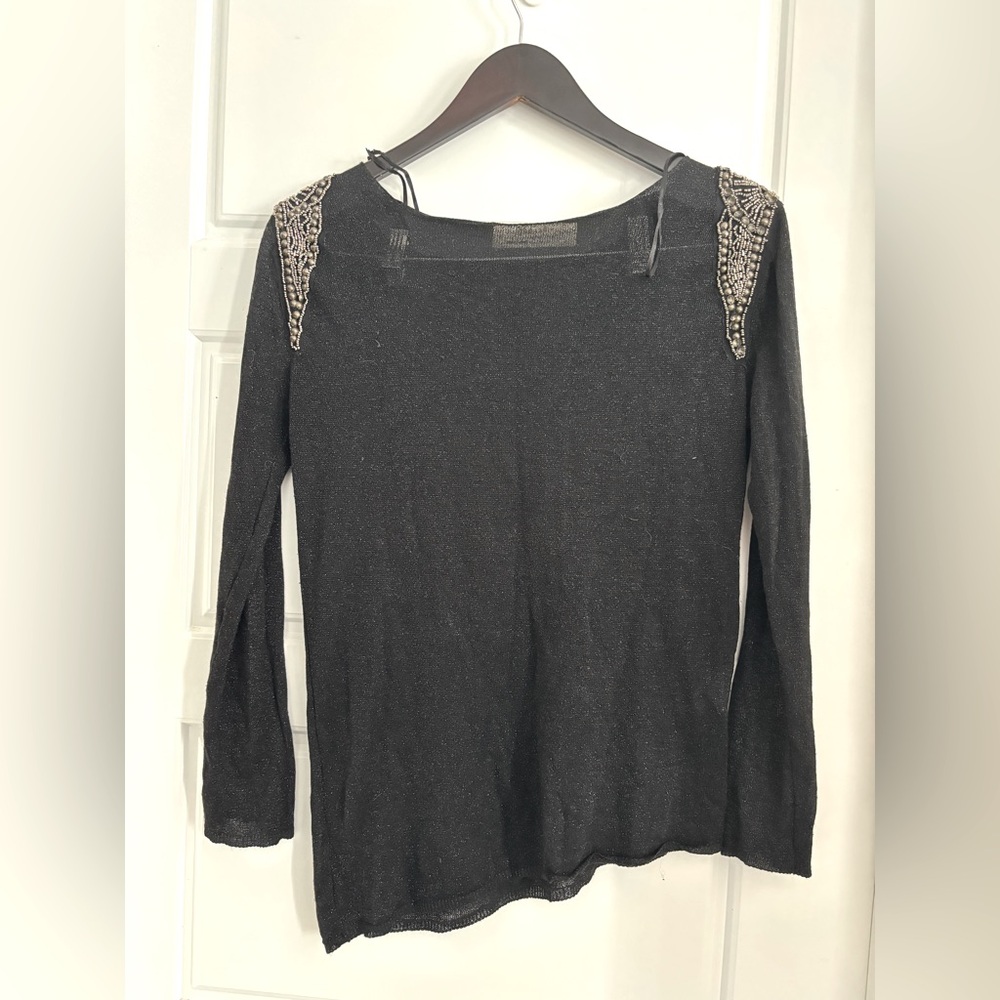 Zara Knit Thin Weight Sparkle Knit Beaded Military Shoulder Black Gold stretch M - Picture 3 of 8